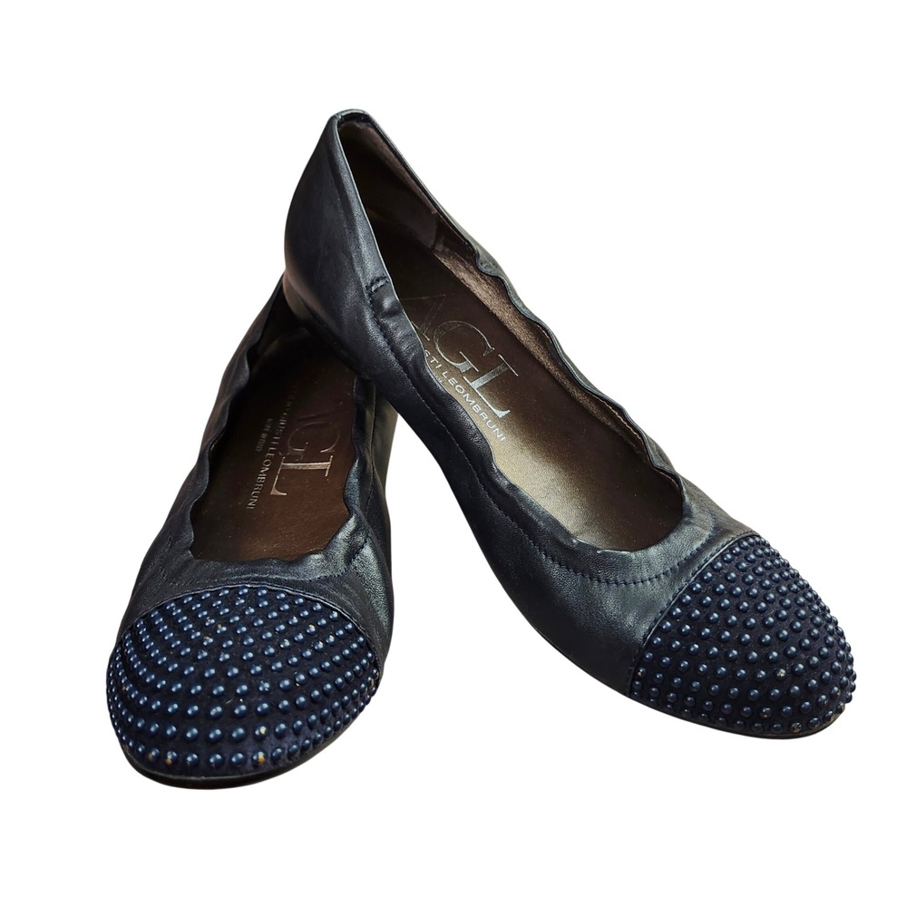 AGL Blakely studded leather cap toe Made in Italy Chic‎ Blue Black ballet flats